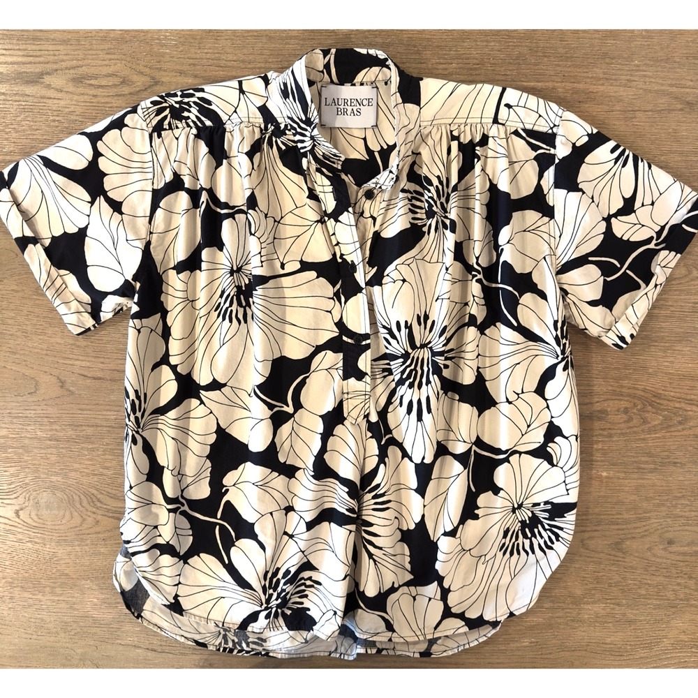 Laurence Bras Short Sleeve Cotton Bindi Top-Size Tall EU 40-Black & White Floral